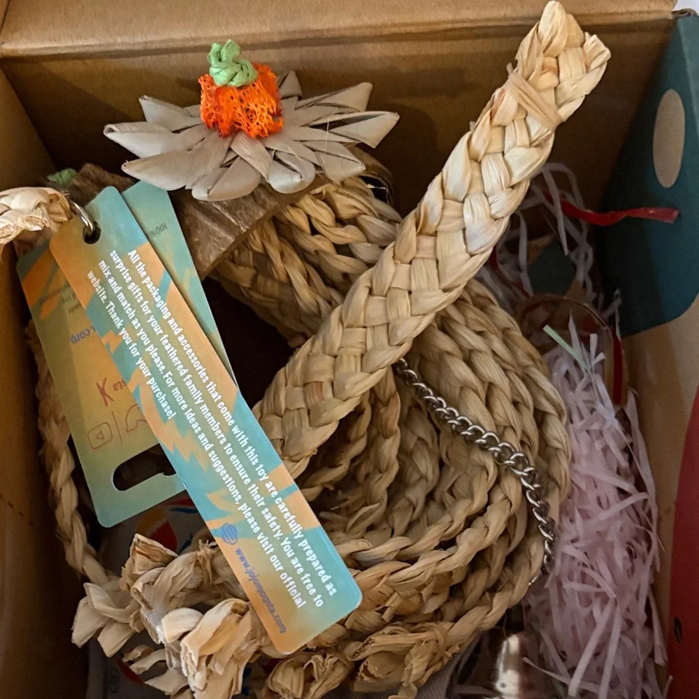Natural Coconut Bird Toy with Orange Accents